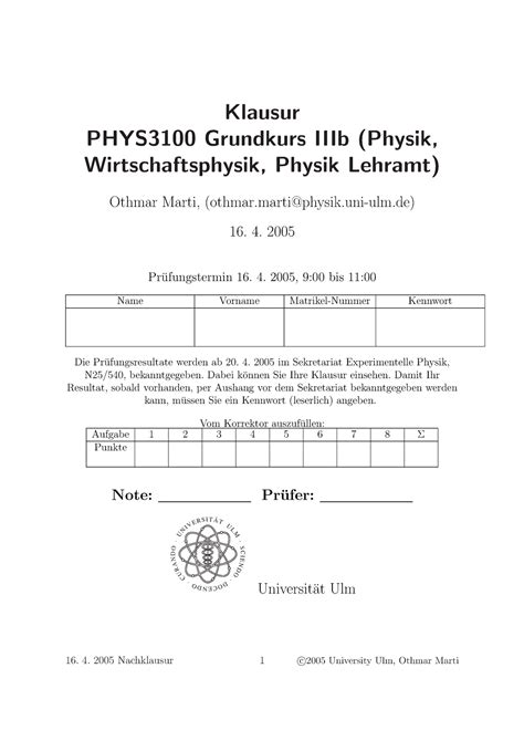 Nachklausur EM WH 2004 2005 Diplom Klausur PHYS3100 Grundkurs IIIb