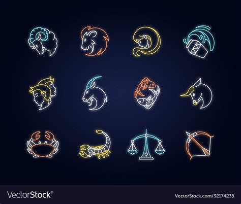 Zodiac Signs Neon Light Icons Set Royalty Free Vector Image