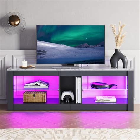 Bestier In White Marble Tv Stand With Led Lights Entertainment