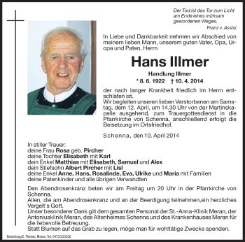 Traueranzeigen Von Hans Illmer Trauer Bz