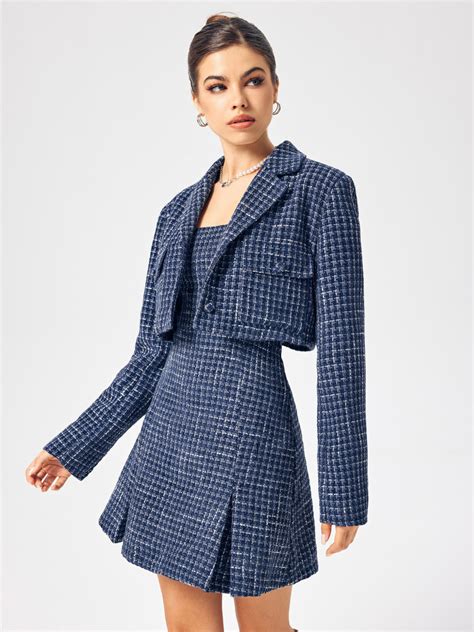 Tweed Tweed Notched Collar Long Sleeve Crop Blazer For School Work