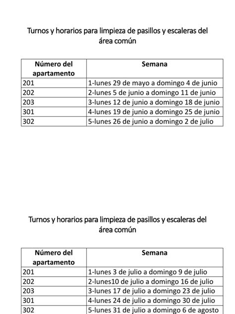 Turnos Y Horarios Para Limpieza De Pasillos Y Escaleras Del Área Común Pdf Clima Violencia