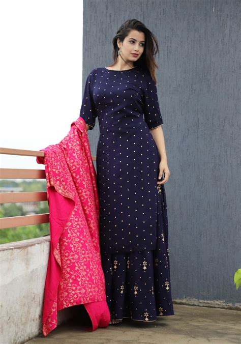 Blue Kurti Set With Dupatta And Palazzo Kurti Skirt Fashion Dresses