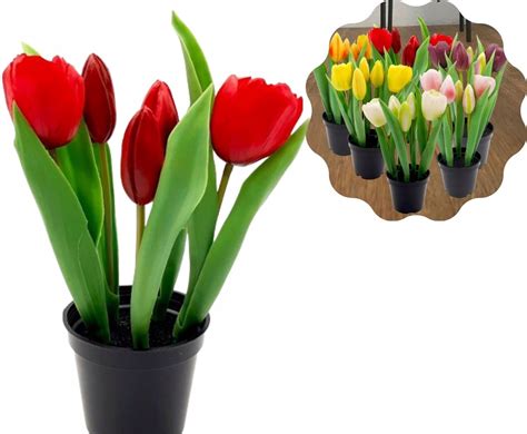 TULIPAN tulipany czerwone w doniczce silikonowe jak żywe 23 cm Tulipan