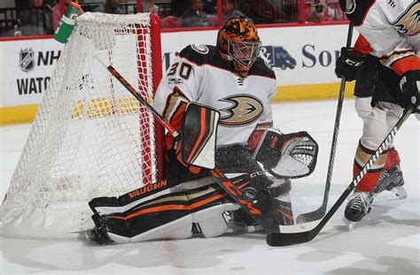 Ryan Miller 30 Of The Anaheim Ducks Goes Down In The Crease To Deflect