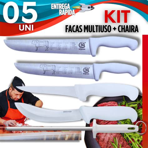 Jogo De Faca Profissional - Kit Jogo de Faca Açougue Profissional Faca de Carne 8” + Faca de Carne ...