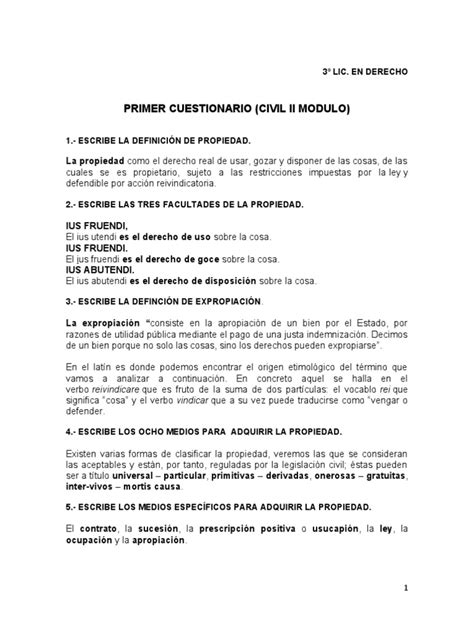 Primer Cuestionario Contestado De Derecho Civil Ii Pdf Propiedad