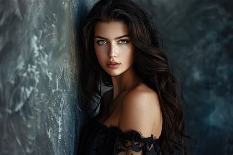 Portrait Of Beautiful Brunette Woman In Black Dress Fashion Photo