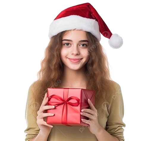 Beautiful Girl In Santa Hat With T Christmas On Christmas Tree