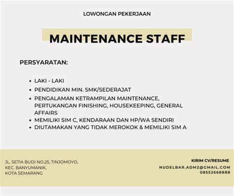 Lowongan Kerja Staff Maintenance Di Nudelbar LokerSemar Id