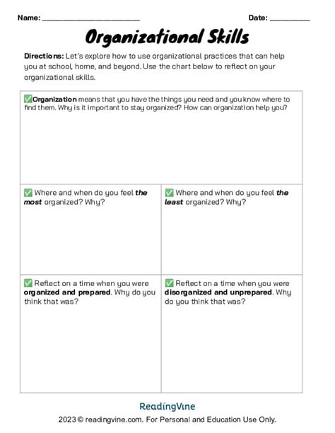 Organizational Skills Extension Activity - ReadingVine