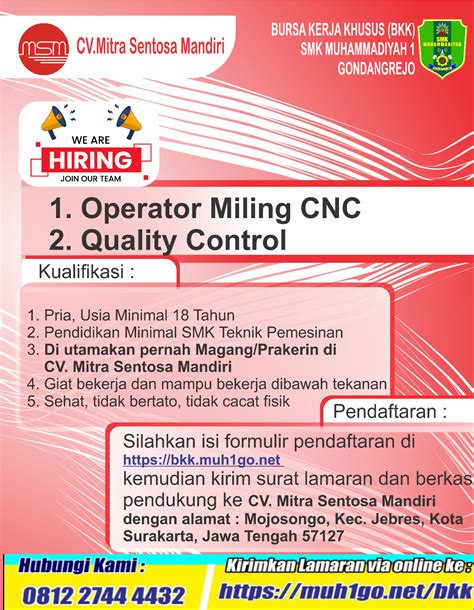 Lowongan CV Mitra Sentosa Mandiri BKK SMK Muhammadiyah 1 Gondangrejo