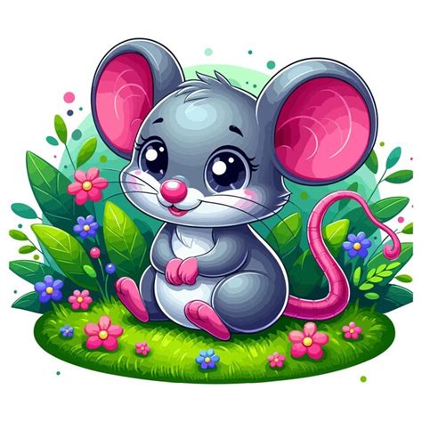 Watercolor Cute Rat Cartoon Mouse Sitting In The Grass With Flowers And