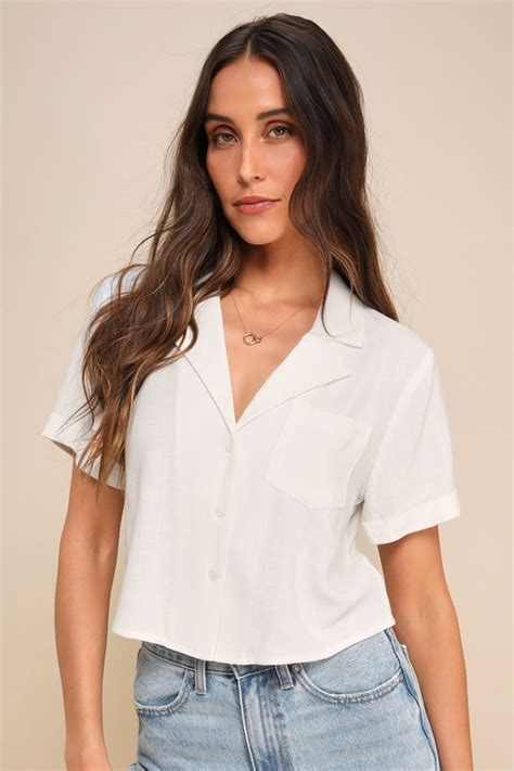 White Button Up Top Short Sleeve Top White Collared Crop Top Lulus