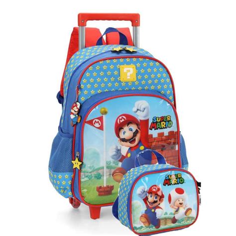 Mochila Escolar Rodas Infantil Super Mario Azul Luxcel