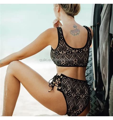 Quiki Black White Lace High Waist Swimsuit Bikini Set Sexy Solid