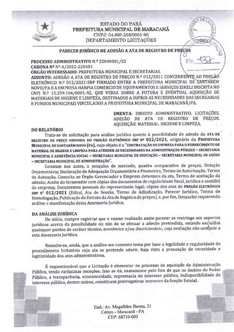 PARECER JURÍDICO Prefeitura Municipal de Maracanã Gestão 2021 2024