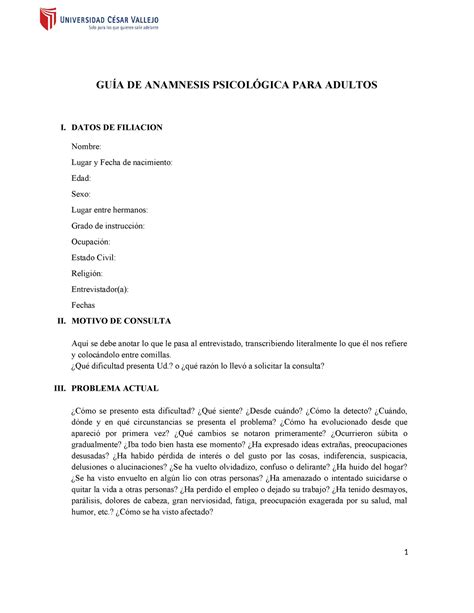 GU A DE Anamnesis Psicol GICA Adultos T GUÍA DE ANAMNESIS