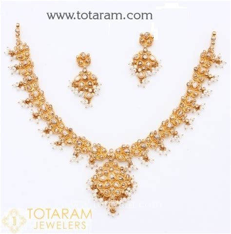 22K Gold Uncut Diamond Necklace Drop Earrings Set With Pearls 235