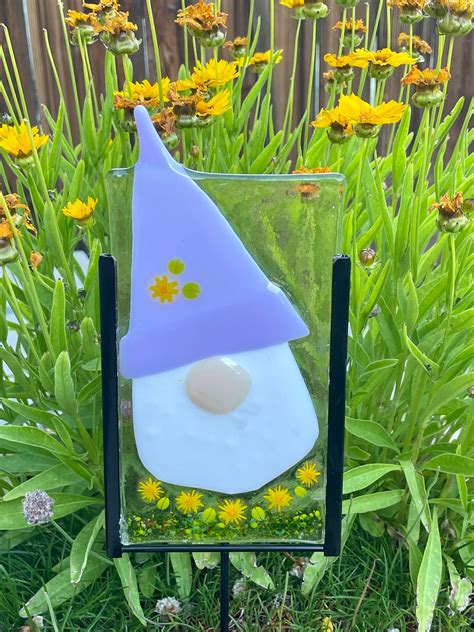 Garden Gnome Plant Stake Outdoor Garden Accent Fused Glass Gnomes Yard