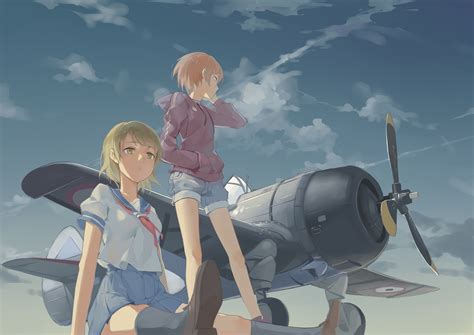 2girls Aircraft Blonde Hair Brown Hair Clouds Gensou Kuro Usagi