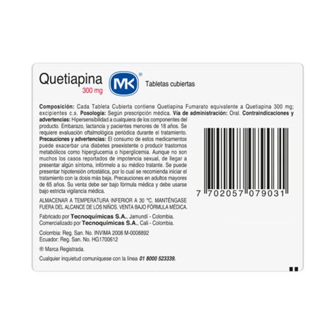 Quetiapina 300 Mg Mk Caja X 30 Tabletas Cubiertas Pharmamas