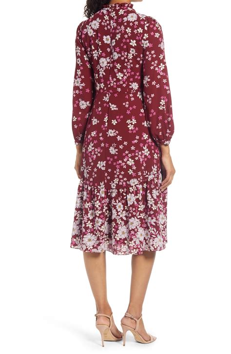 Maggy London Floral Ruffle Neck Long Sleeve Midi Dress In Red Lyst