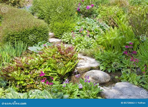 Stone Path Through Beautiful Colourful Lush Garden Stock Image