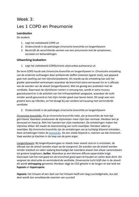 Week 3 Samenvatting Van Les 5 En 6 Week 3 Les 1 COPD En Pneumonie