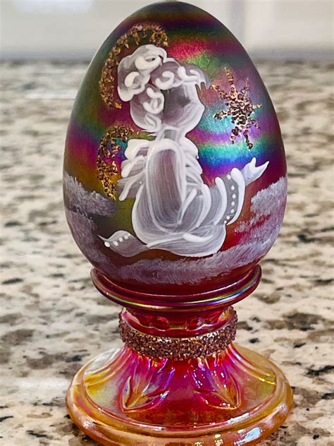 Fenton Art Carnival Glass Egg 1995 Hand Painted By D Barbour Etsy