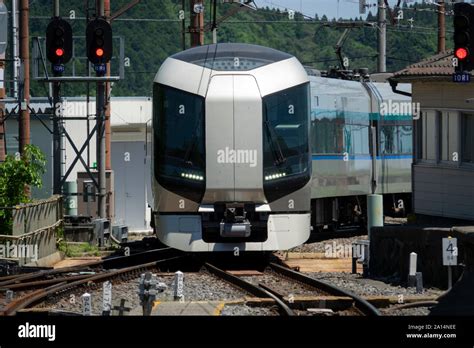 New Tobu Line Train Entering Nikko Station Nikko Japan Stock Photo