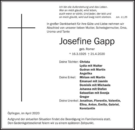 Traueranzeigen Von Josefine Gapp S Dwest Presse Trauer