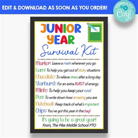 EDITABLE Junior Year Survival Kit Gift Tags Back To School Student