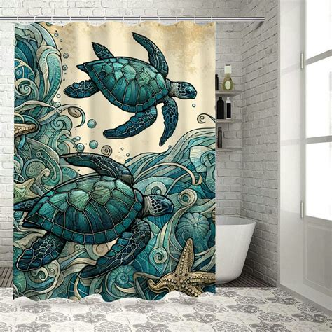 Shangniulu Nautical Green Sea Turtles Beach Theme Fabric Shower Curtain