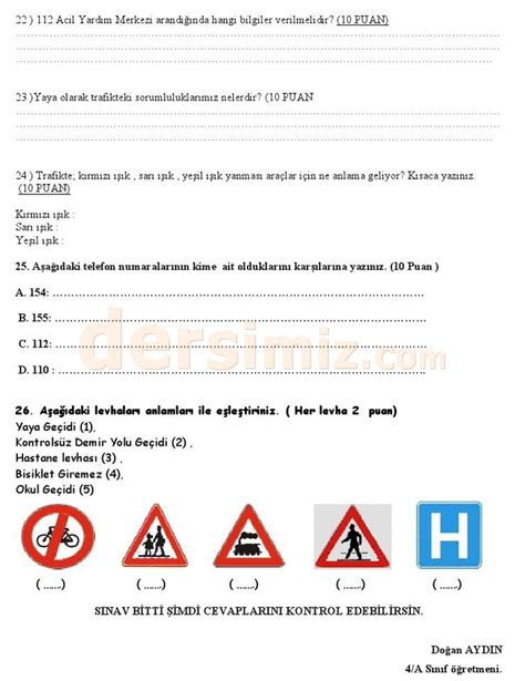 4 Sınıf trafik güvenliği dersi 1 dönem 2 yazılı sınav soruları soru