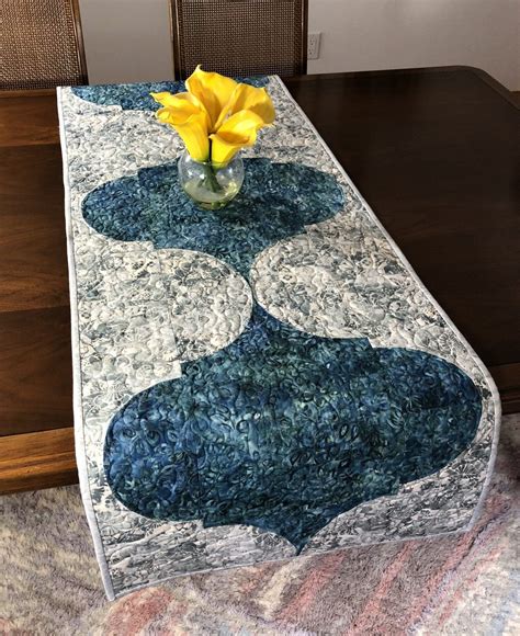 Quilted Batik Tablerunner Gray And Teal Batik Table Or Bed Runner Handmade Reversible Table