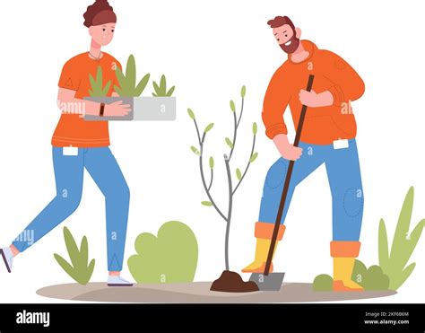 People Planting Trees Man And Woman Gardening Together Isolated On