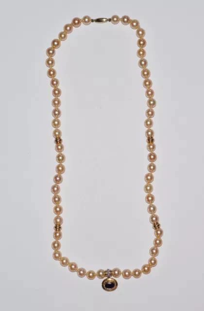 AKOYA PERLENKETTE COLLIER ANHÄNGER SAPHIR DIAMANT 47 45 cm 7mm 585 Gold