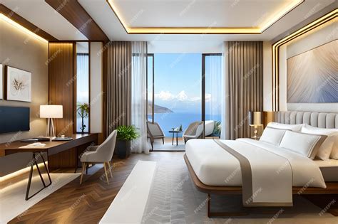 Premium AI Image | A hotel room with a view of the mountains and the ocean.