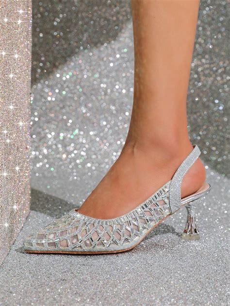 Women Rhinestone Decor Slingback Pumps Glitter Point Toe Pyramid