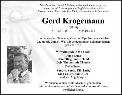 Traueranzeigen Von Gerd Krogemann Nordbayerischer Kurier