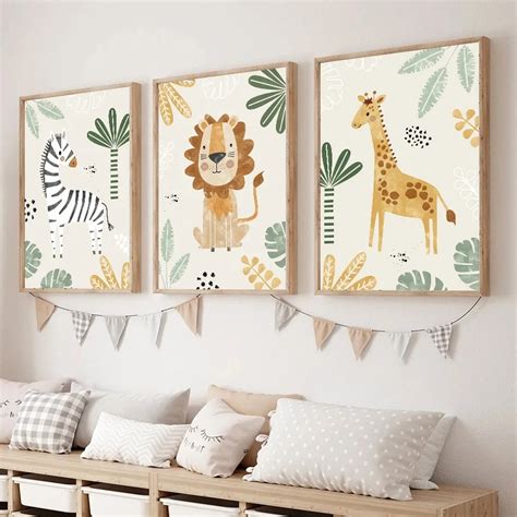 Quadro decorativo 3 peças 40x60 Girafa Zebra Animal safari selva folhas