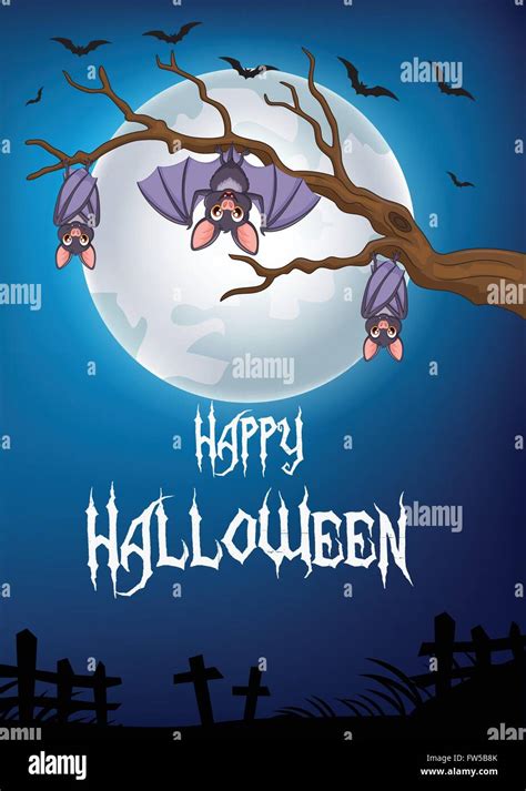 Halloween background with bat cartoon sleeping and hanging on a tree Stock Vector Image & Art ...