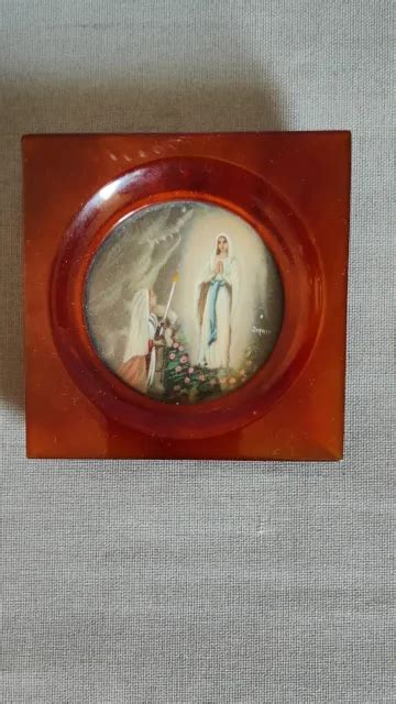 ANCIEN CADRE PEINTURE gouache miniature religieuse signé Bakelite EUR