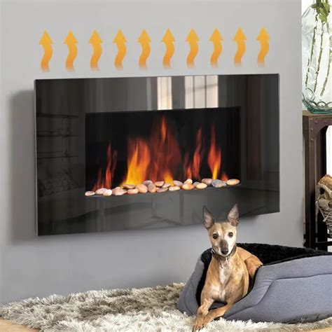 Wall Mounted Electric Fire Fireplace Black Glass Curved Led Flicker