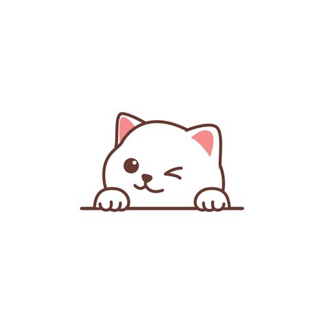 Cute White Cat Peeking And Winking Eye Cartoon Vector Illustration