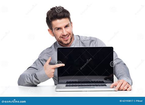 Man Pointing At Laptop Stock Image Image Of Table People