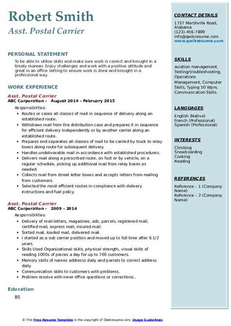 Postal Carrier Resume Samples Qwikresume