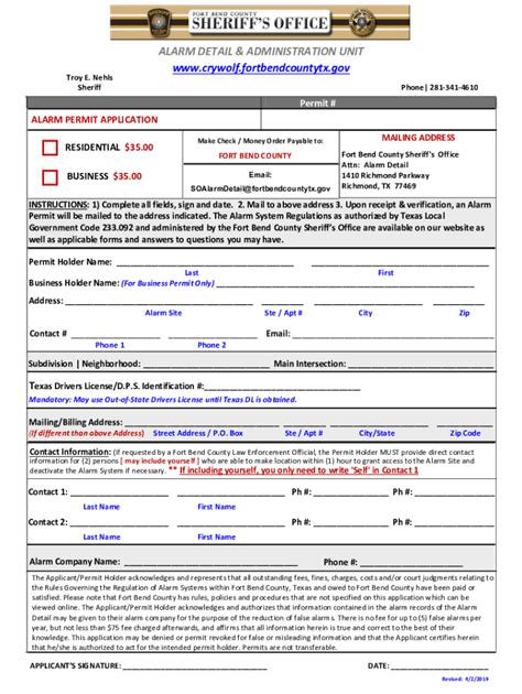 Tx Alarm Permit Application Fort Bend County Fill And