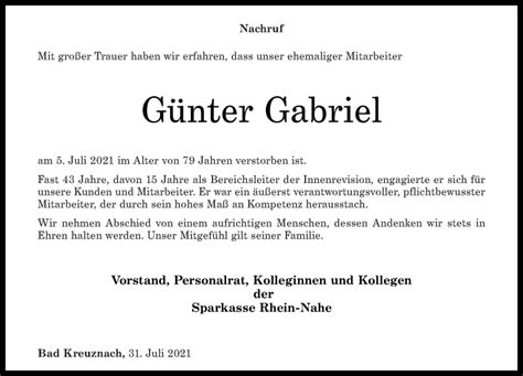 Traueranzeigen von Günter Gabriel rz trauer de